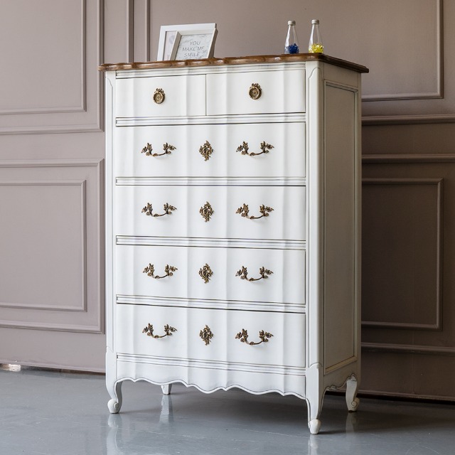 소피아엘렌 에메랄드 프렌치 엔틱 원목 5단 서랍장, 화이트, 현재가 717,000원