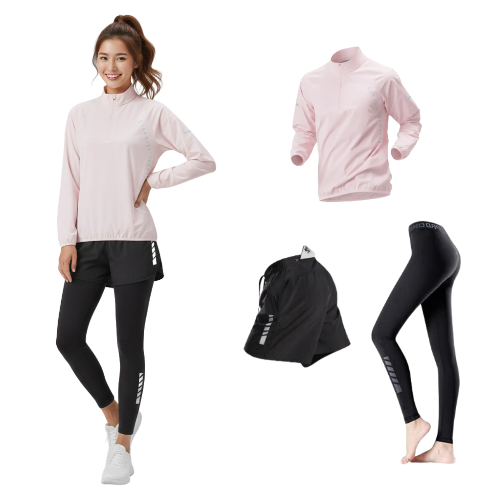 BYMSPORT 여성 런닝복 스포츠웨어 상하 운동복 세트 (긴팔+포켓반바지+긴레깅스) 28,400원