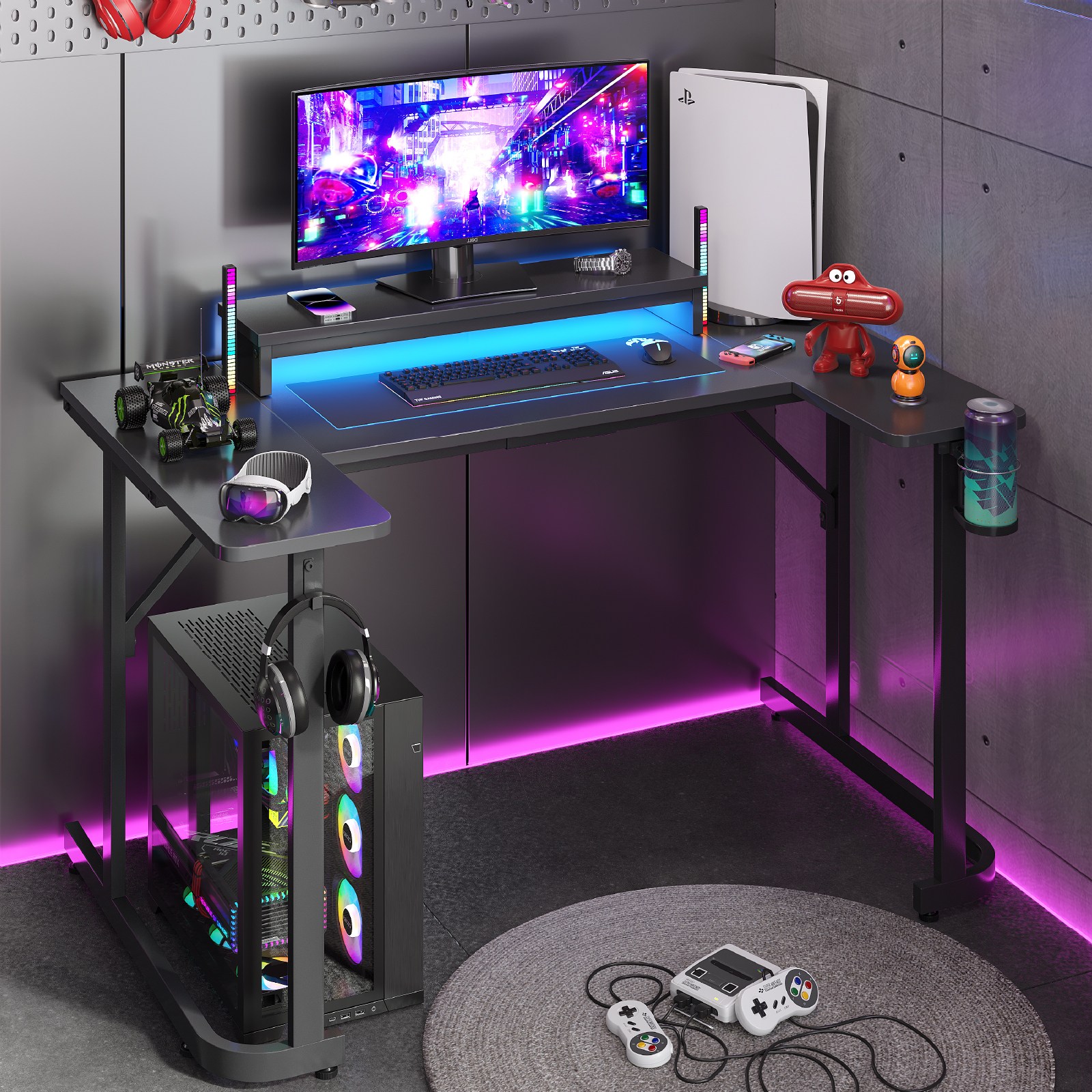 Bestier 컴퓨터 게이밍 책상 1인용 led 1000 1300 T자형 테이블, 클래식  블랙 99,800원