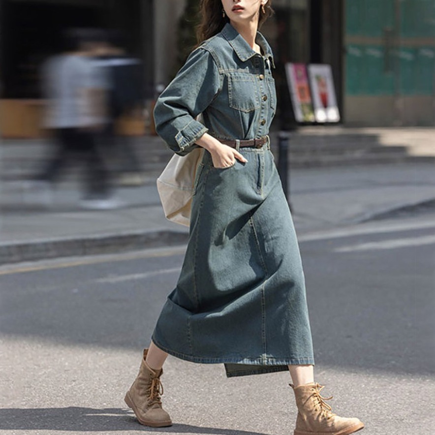 POMTOR 봄 블루 데님 원피스 가을 허리 조임 슬림 고급 트임 롱 원피스 32,300원