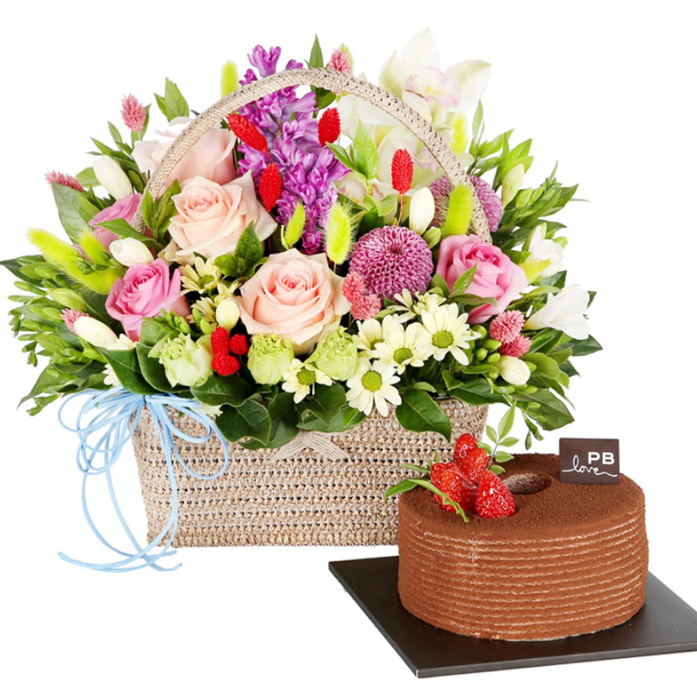 (오늘도착) 99플라워 풍성한 꽃바구니 "사랑 한가득+케익" ST-A1919 - 생일 기념일 결혼기념일 당일꽃배달 전국당일배송 생화 99,900원