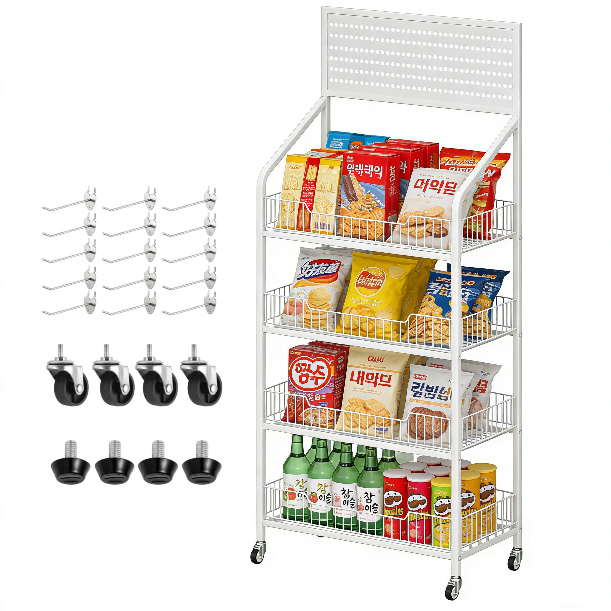리빙가감법 철제 이동식 4단 간식 선반 스낵 디스플레이 랙 소매점 마켓 스탠드 발매트 및 후크 15개가 있는 다용도 수납선반, 1개, 화이트 35,800원