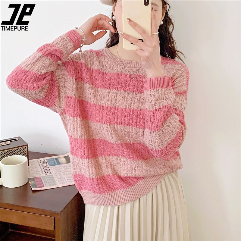 여성 루즈핏 라운드 긴팔 스트라이프 스웨터 니트 봄가을 코디 상의 21,600원