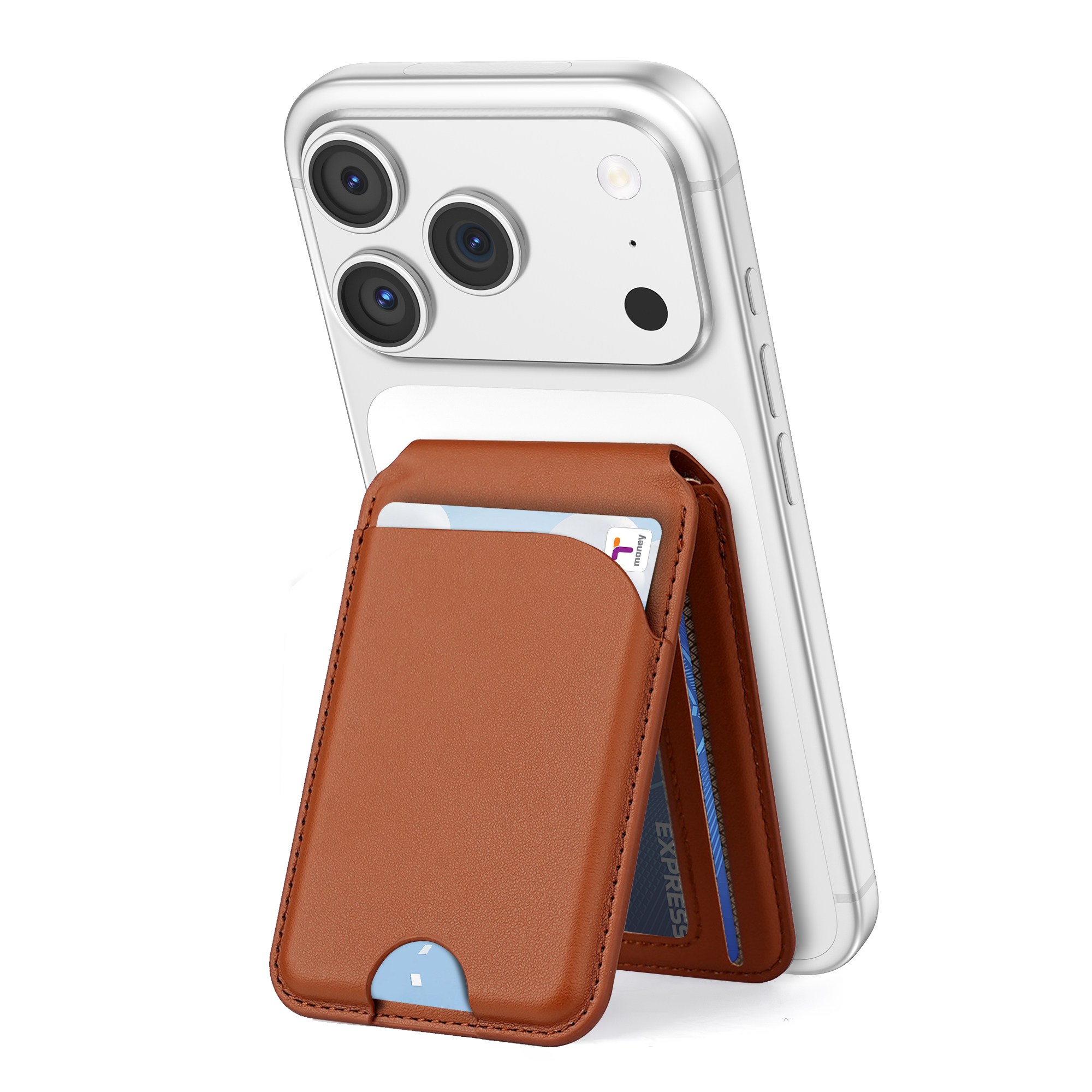 RUNDX 맥세이프 가죽 카드지갑 강자력 자석 교통카드 5장 수납 폰거치대, 1개, 브라운 17,400원