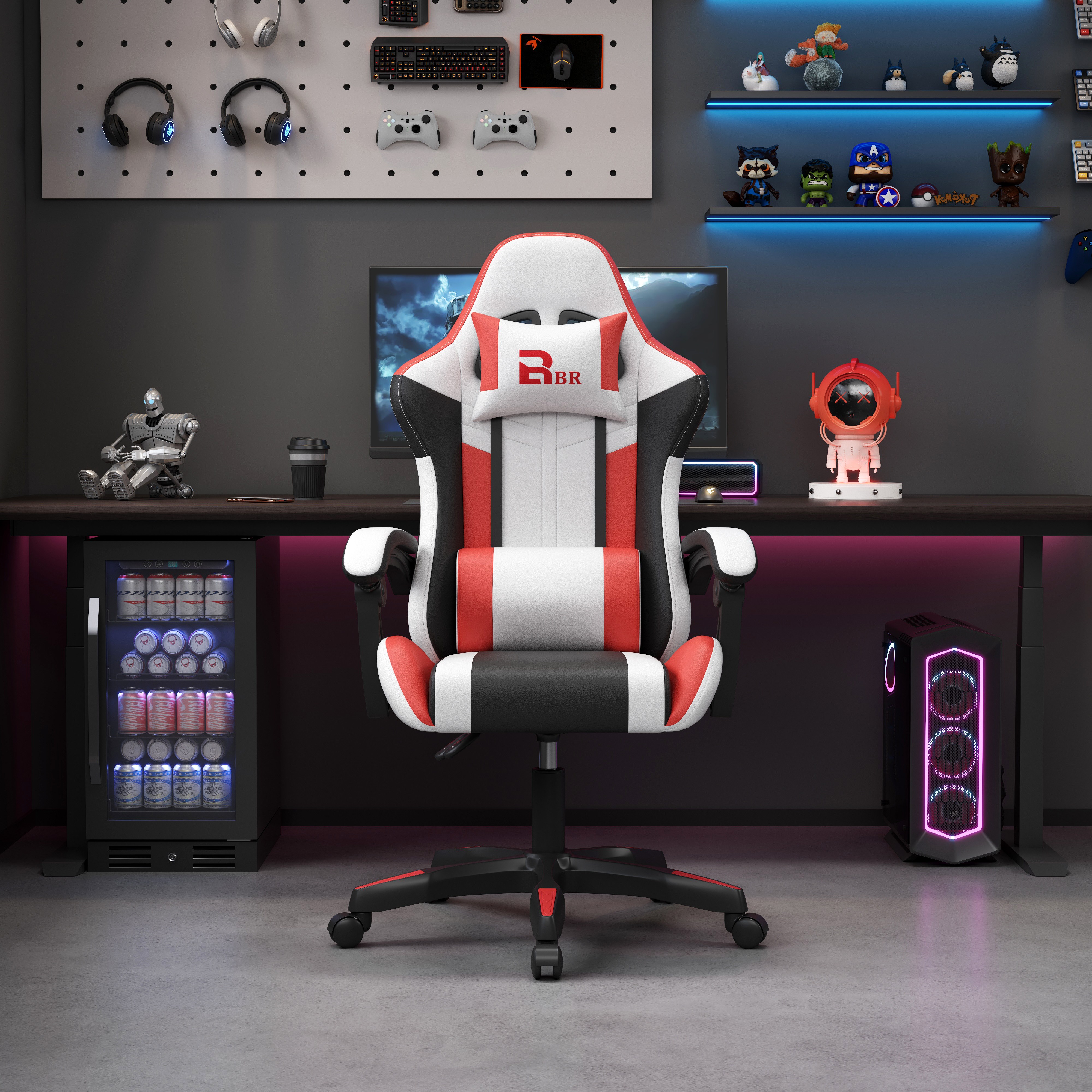 다기능 인체공학 게이밍의자 / 발판 포함 / 360도 회전 높이조절 / 장시간 사무 + 게임용, 빨간색+흰색 64,900원