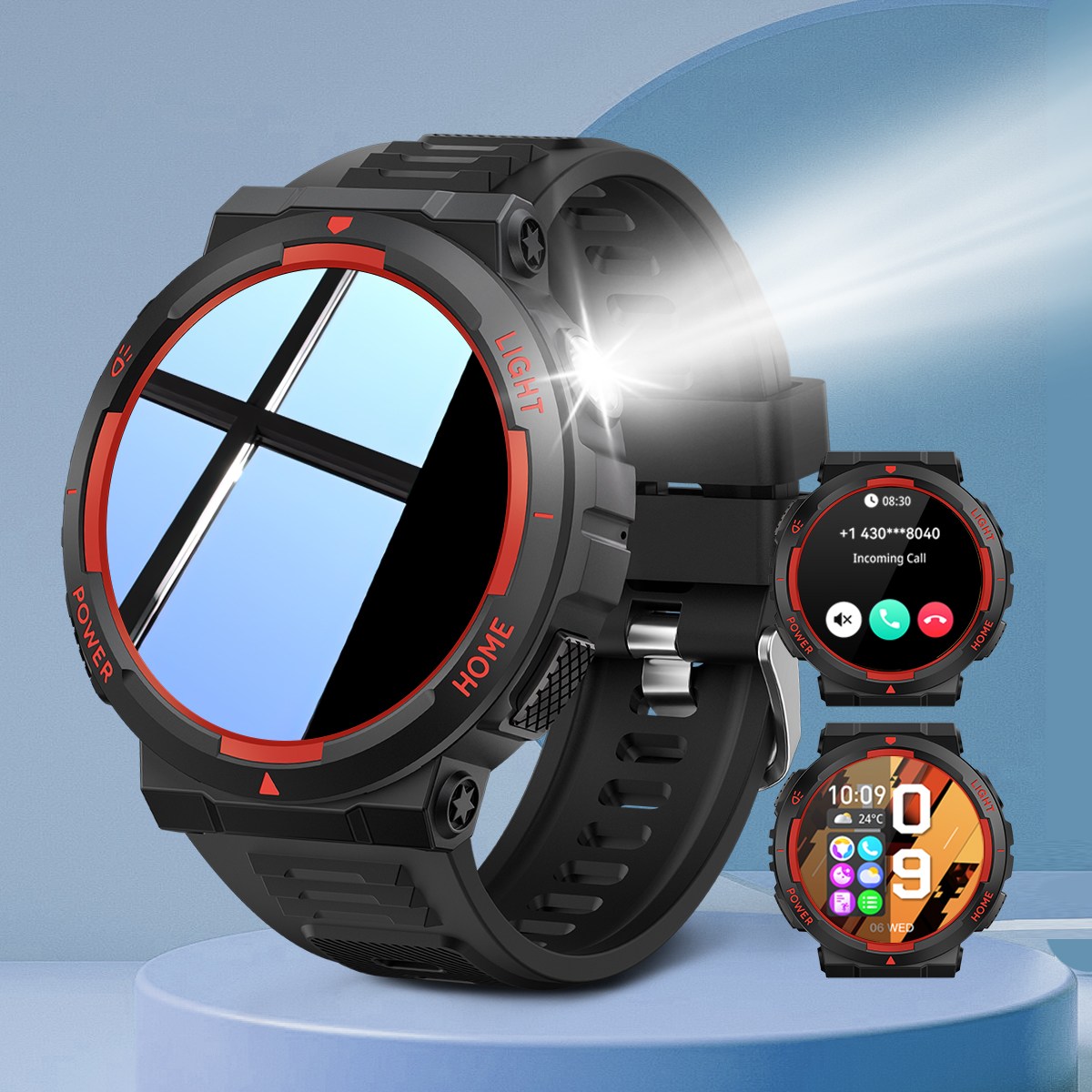 QTLLBT 스마트워치, 손전등 LED 시계, 30m 방수, 멀티미디어 메시지 뷰어, 피트니스 만보계, 스포츠 스마트워치, 날씨 모니터, 5cm, 1.53인치 스포츠 시계, 남성용 29,900원