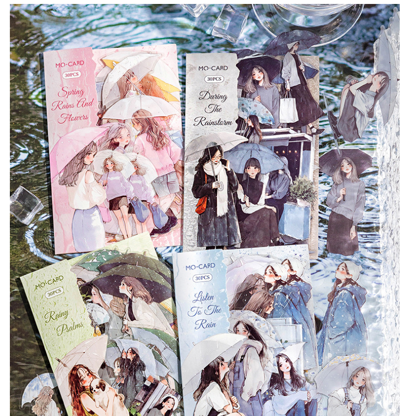 올리브파티 레이니데이 시리즈 감성 빈티지 인물 소녀 다꾸 스티커 30p 세트, 4개, 핑크+그린+블루+블랙 18,900원