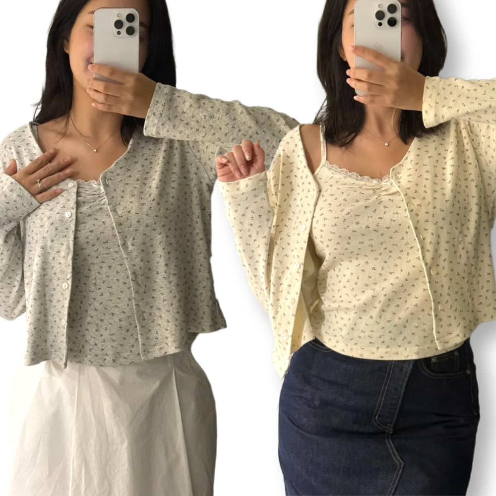 누보마켓 여성 여리핏 플라워 펀칭 나시 가디건 세트 39,900원