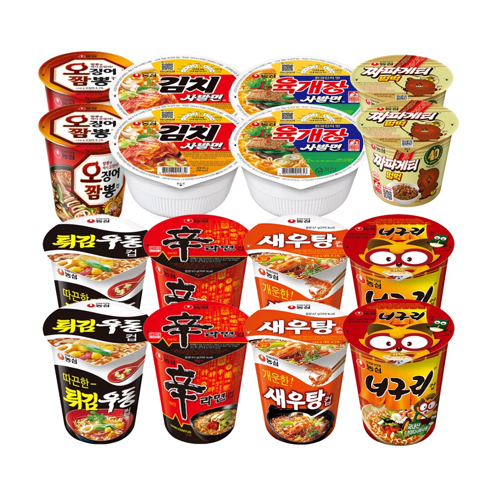블루존 농심 소컵라면 8종 16개입 (육개장사발면2 김치사발면2 새우탕2 신라면2 오징어짬뽕2 튀김우동2 너구리2 짜파게티2) 22,260원