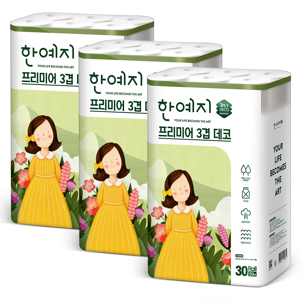 한예지 프리미어 3겹 데코 롤화장지 천연펄프, 30m, 30롤, 3개 41,580원