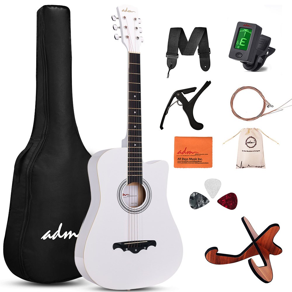 ADM 포크 기타 38인치 글로시 컷어웨이 스타터 세트, 입문자용, 화이트, 1개 69,900원