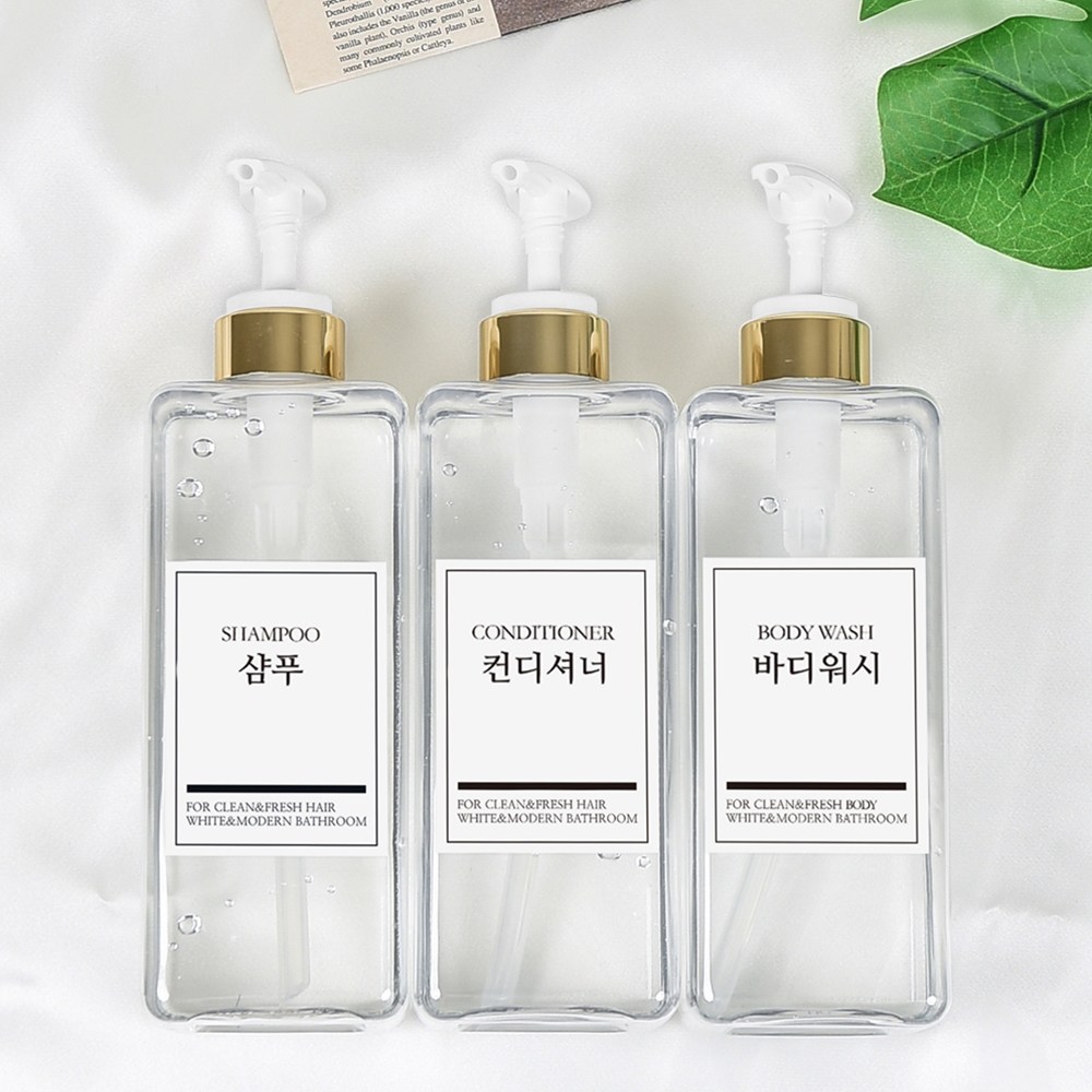 모든집 호텔 욕실 디스펜서 샴푸통 800ml+방수라벨 3구 세트, 1세트, 욕실세트_800ml(투명용기+골드펌프+한글3종) 16,900원
