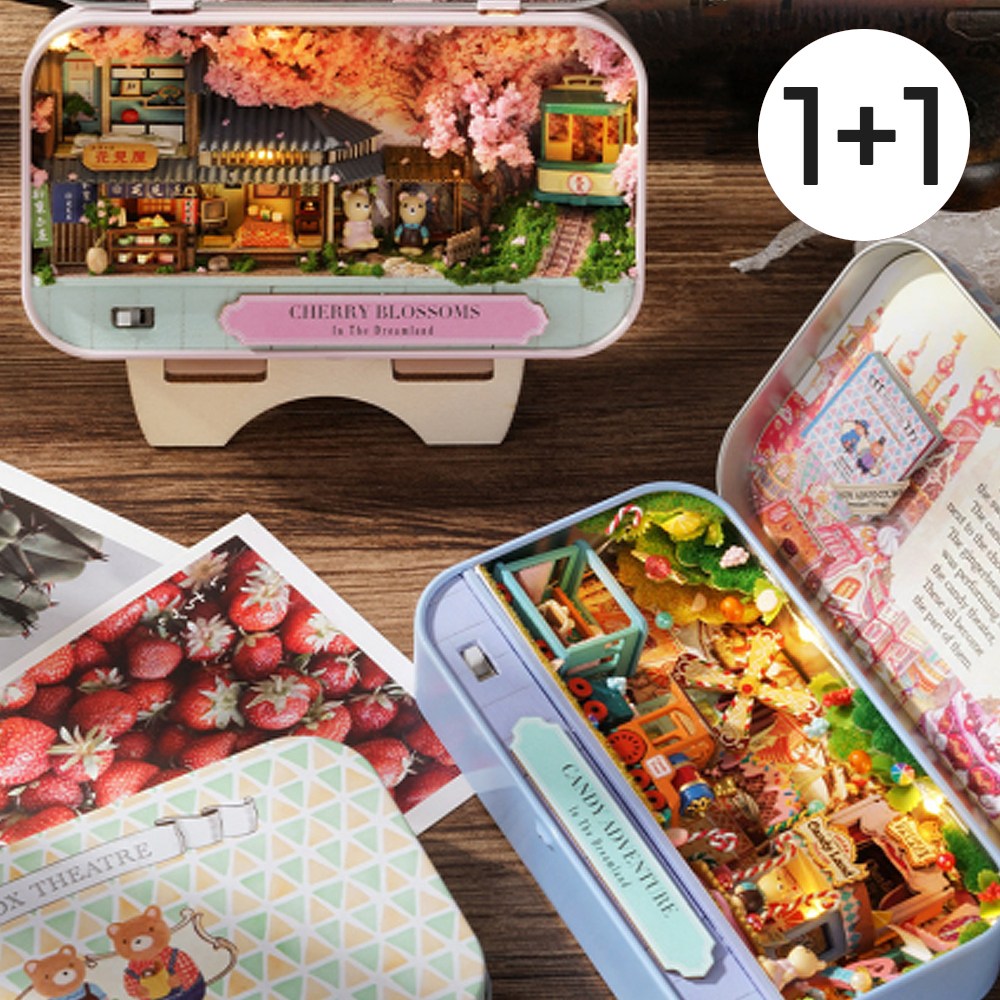 [5시건 당일배송] 1 + 1 FOOI 틴케이스 드림랜드 DIY 미니어처 하우스 만들기 LED조명 무드등, 1개, 캔디어드밴처+겨울여행 20,900원