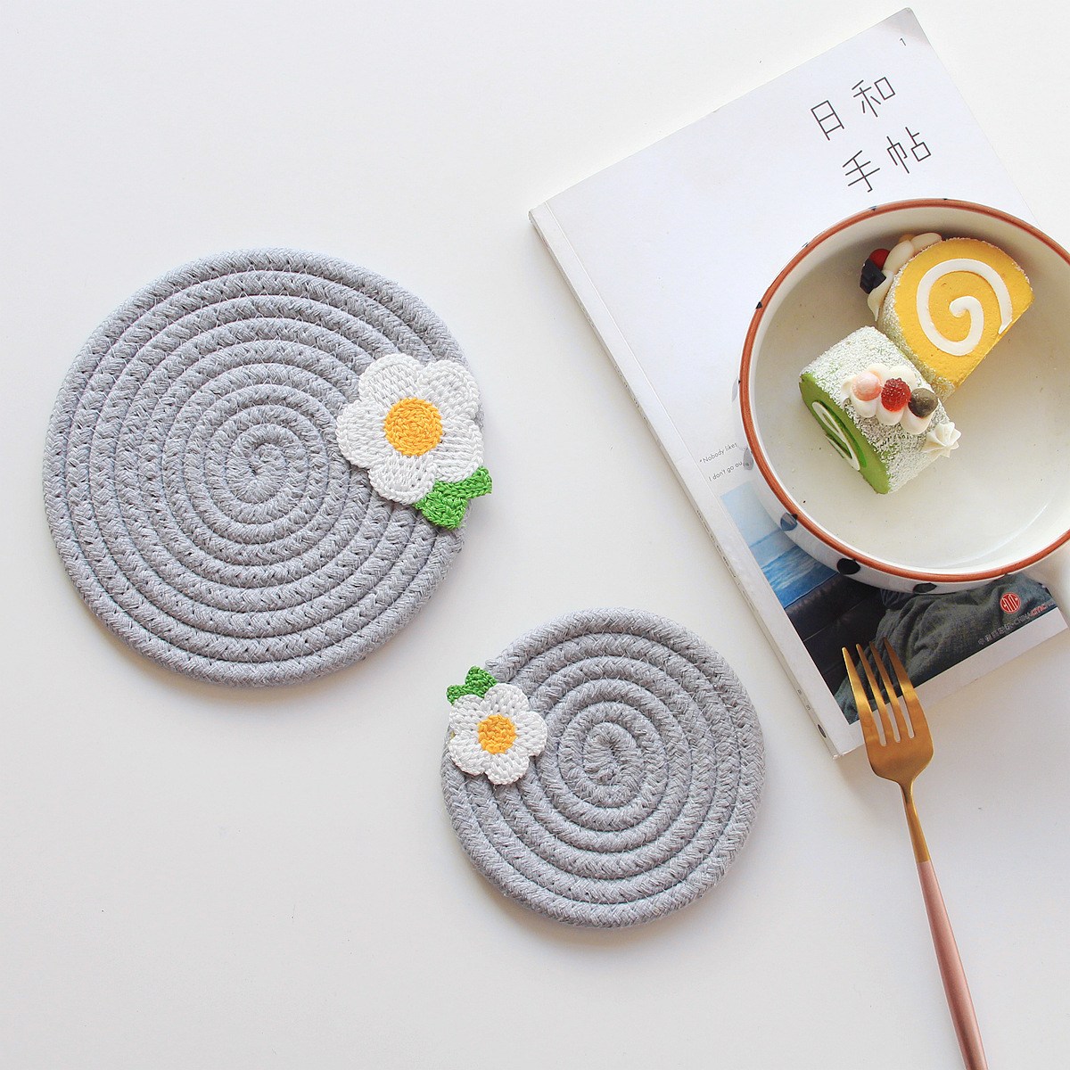 엘리펀트 손뜨개 꽃장식 면실 냄비 받침 18cm 2개 + 컵받침 12cm 4개 6개 1세트, 1세트, 그레이 18,900원