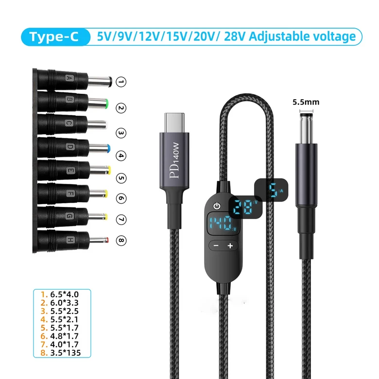 USB C to DC 파워 부스트 케이블 140W 타입 5V 9V 12V 20V 28V 조절 가능한 전압 어댑터 커넥터 코드 노트 15,000원