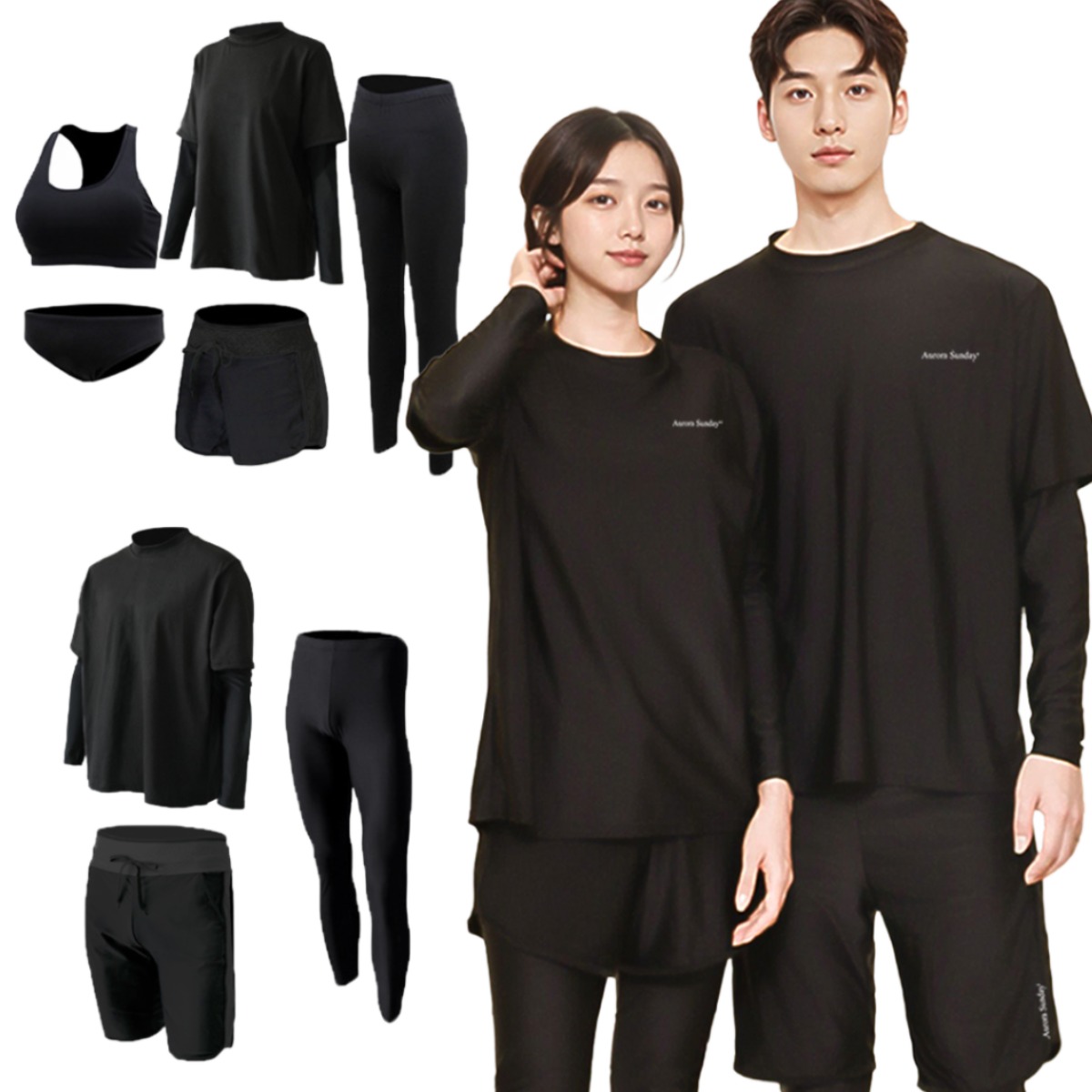 오로라선데이 올블랙 래쉬가드 남녀 루즈핏 빅사이즈 무지 체형커버 비치웨어 남성 3종 여성 5종 세트 34,700원