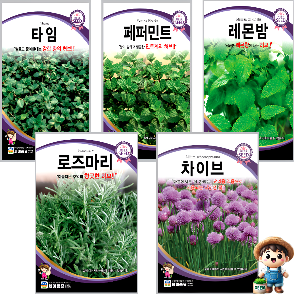 요리허브 씨앗 5종 세트 타임 페퍼민트 레몬밤 로즈마리 차이브 허브종자 15,000원