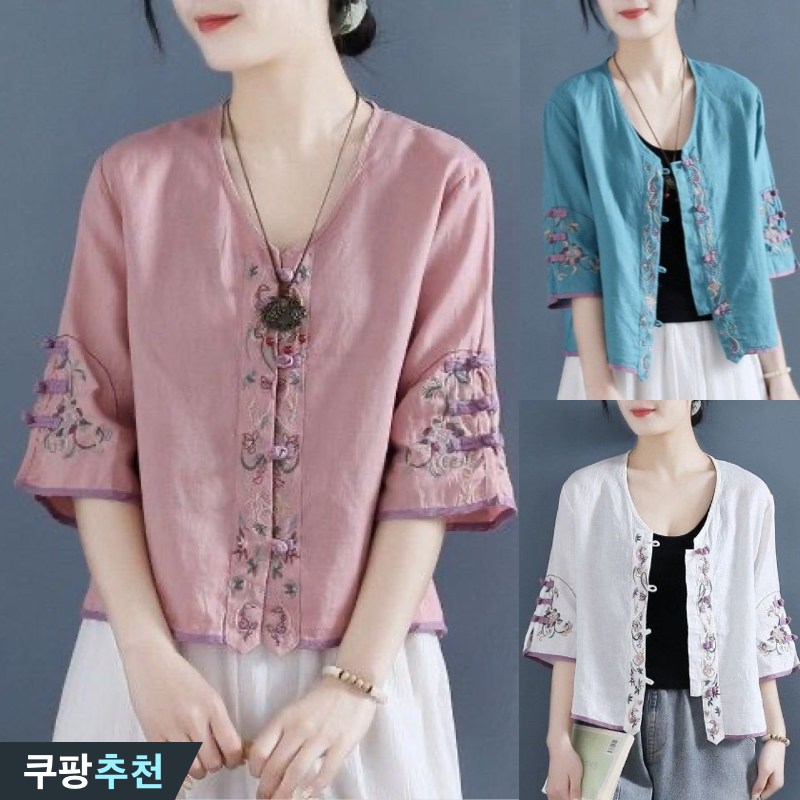100kg까지 여성 핏 예쁜 린넨 플라워 자수 단추 7부 셔츠 블라우스 여름 추천 빅사이즈 브이넥 꽃무늬 우아한 포인트 디자인 빈티지 모던 큰옷 여성의류 4xl 여자 가디건 남방 14,800원