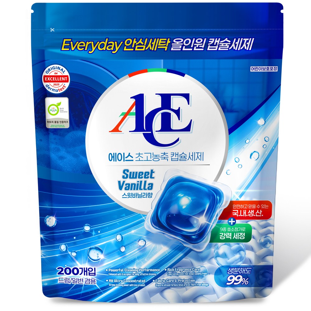 캡슐세제 에이스 코튼바닐라 세탁세제 대용량 일반용 드럼용, 1개, 200개입 10,900원