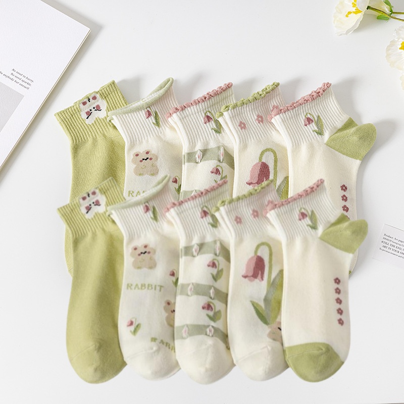 [10개1세트] 뷰티 여성 봄여름 화이트그린 토끼 플라워 단목 발목 양말 10켤레 11,700원