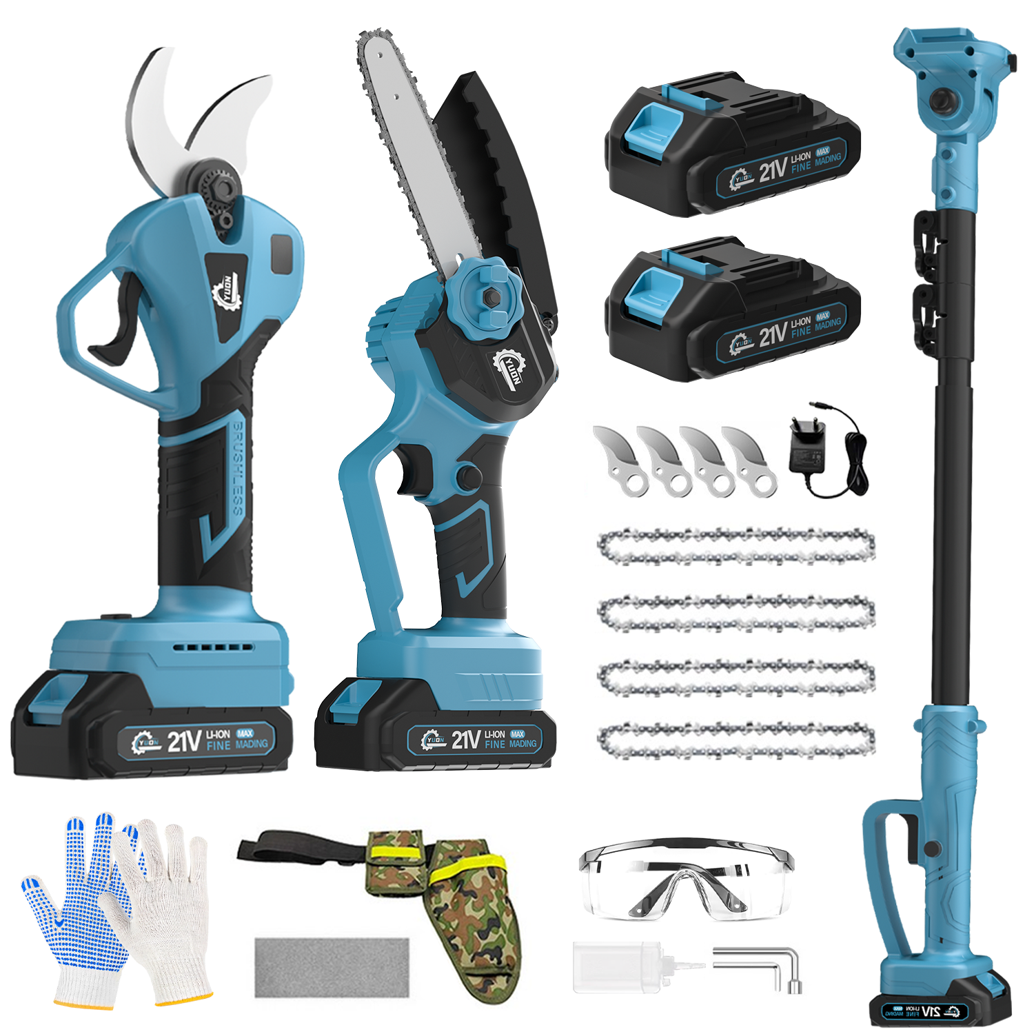 YUON 충전식 다용도 20.32cm 무선 전기톱 연장 장대 무선 전동 가지치기 전지 가위 3IN1 BLDC 21V 풀세트+전용가방, 1개 218,850원