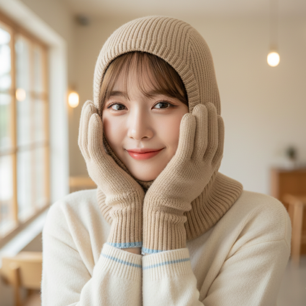 워멜리 여성 니트 후드워머 바라클라바 + 핑거홀 장갑 세트 보온 방풍 스마트터치 17,500원