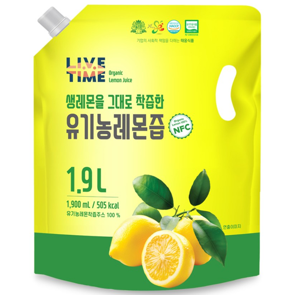 태웅식품본사 라이브타임 'NFC 착즙 유기농레몬즙 100%', '스페인산 유기농 무첨가 레몬즙 100%', '속편한 아침 레몬수', '다이어트 디톡스', '비타민C 충전', 1개, 1.9L 23,840원