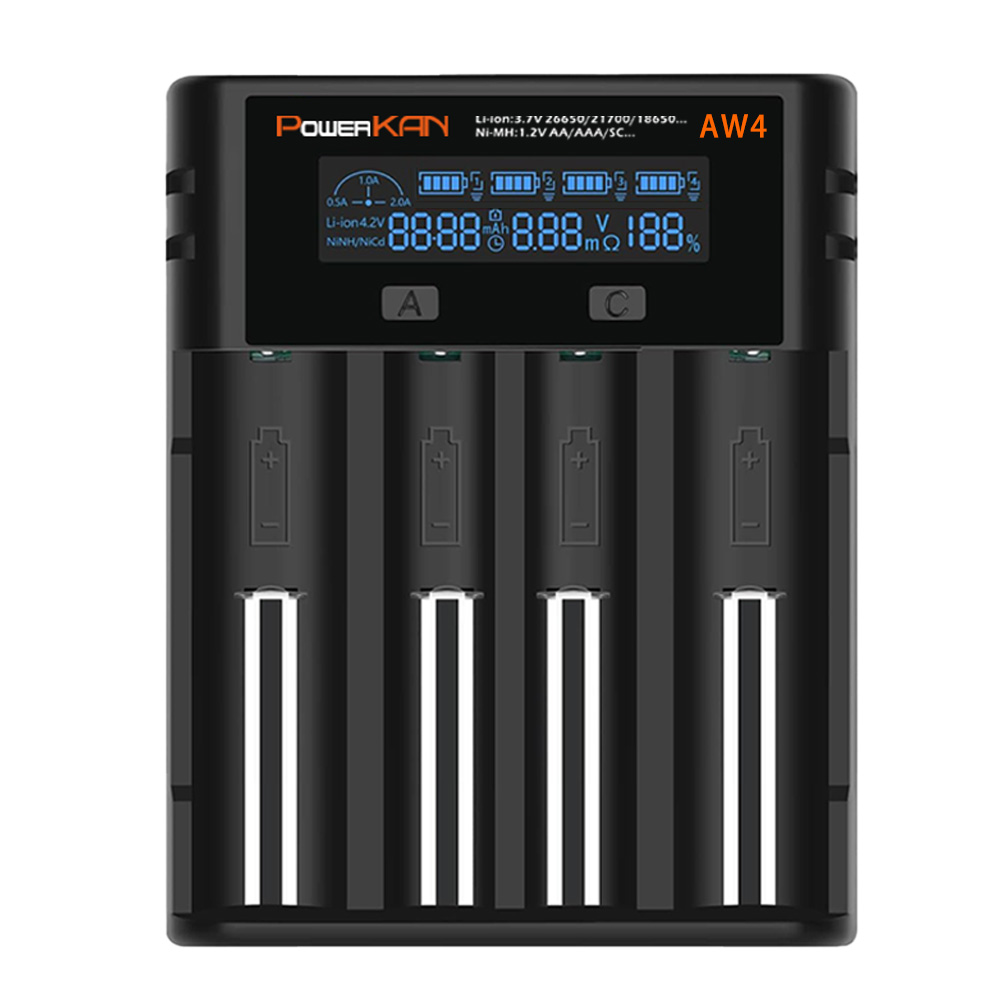 POWERKAN 스마트 만능 LCD 지능형 배터리 충전기 4구 리튬 니켈 AW4 건전지 배터리 고속충전 18650 AA AAA 21700 32650 과충전방지, 1개 28,800원