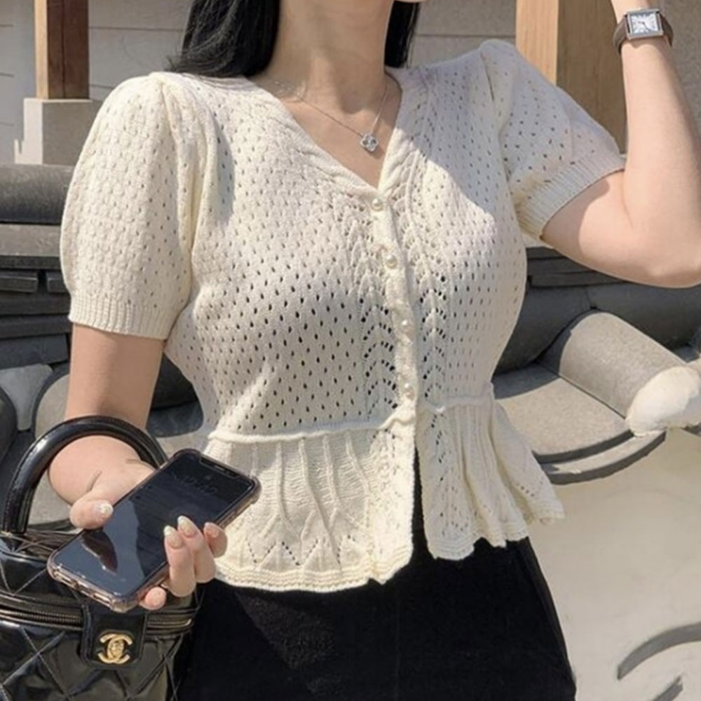 지니우우 퍼프소매 여름 반팔니트 크롭가디건 J0112A 9,900원