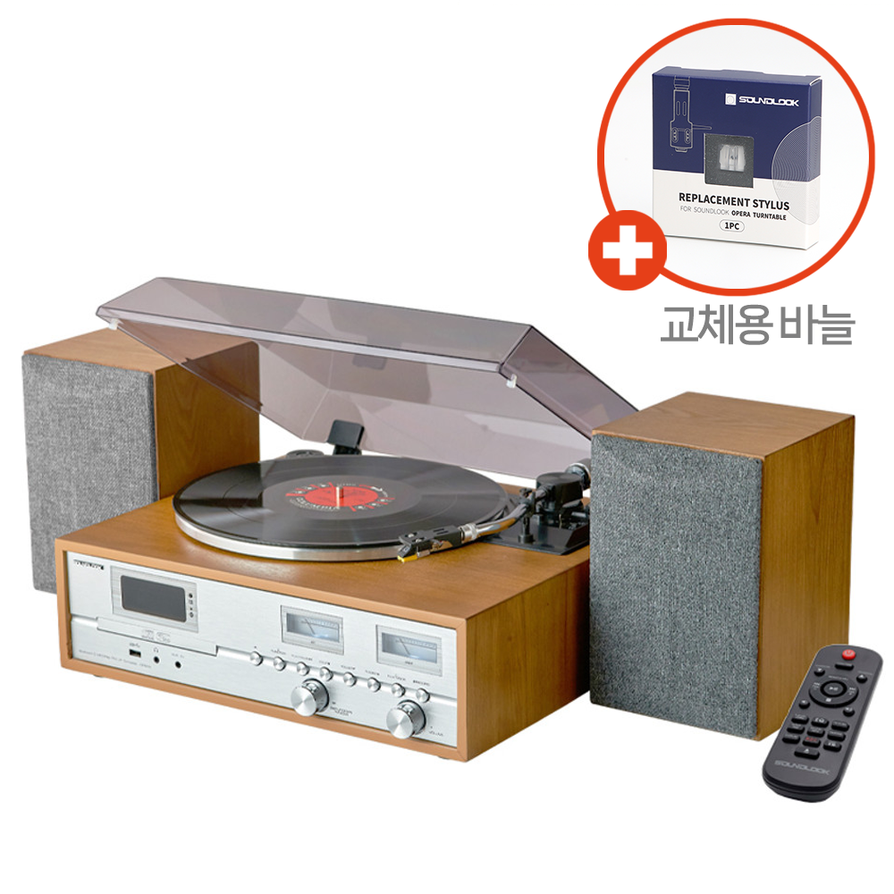 사운드룩 LP턴테이블 오페라 OPERA 양방향 블루투스 듀얼우퍼스피커 빈티지 원목 CD플레이어 USB카드 라디오 AUX 더스트커버 리모컨 + 교체용 바늘 1개 348,000원
