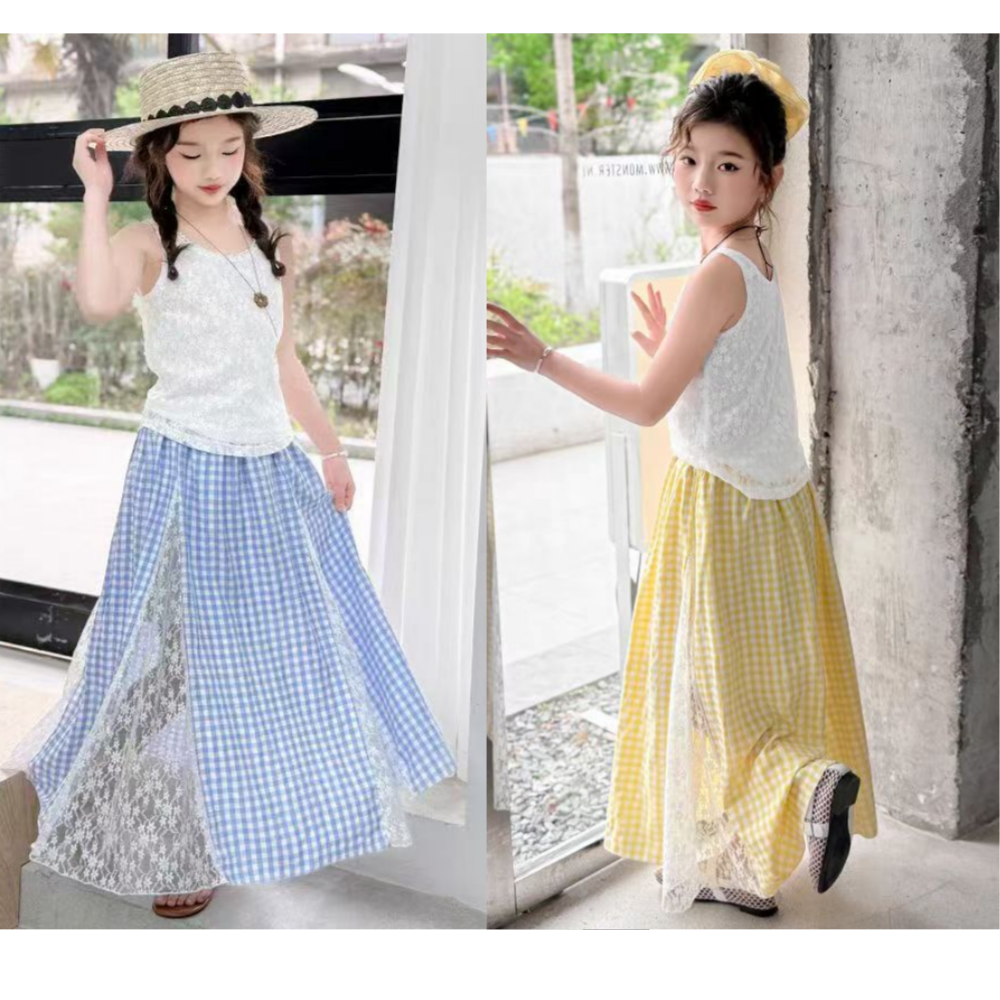 하와즈 쿨 2종세트 레이스 나시 체크 롱스커트 초 중생  여름 시원상하세트 YX 35,900원