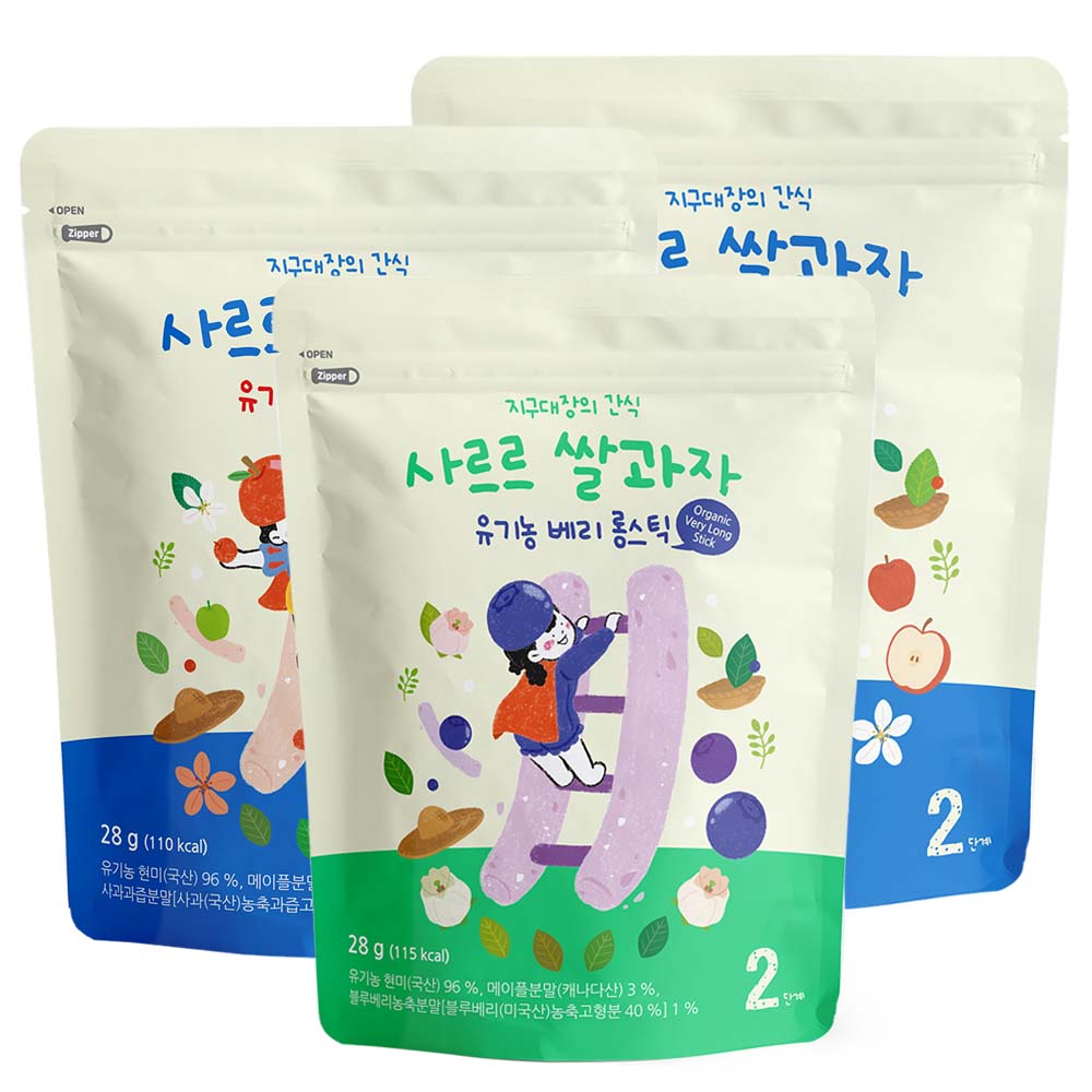 지구대장 유기농 아기간식 사르르 쌀과자 블루베리, 사과 롱스틱, 베리롱스틱(블루베리) 6입 15,000원