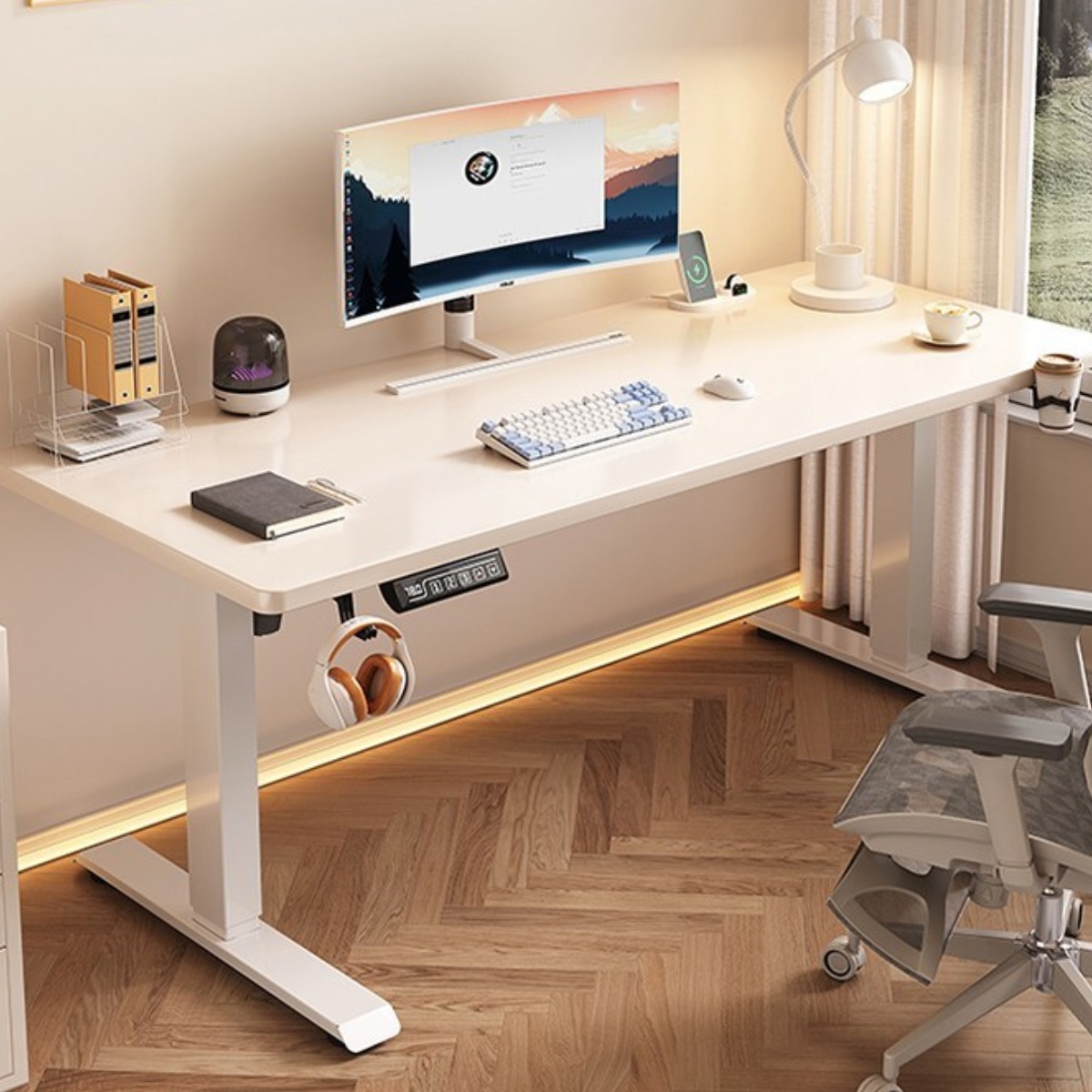 솔비움 높낮이 사무 게임용 조절 자동 전동책상 중학생 모션 데스크 사무실 스탠딩 테이블, 화이트+화이트 233,000원