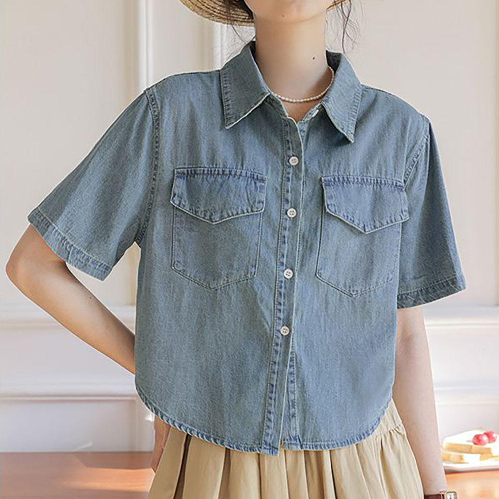IWMAFT 여성 여름 데님 반팔 셔츠 포켓 디테일 루즈핏 크롭 데일리 캐주얼 FC446 23,000원