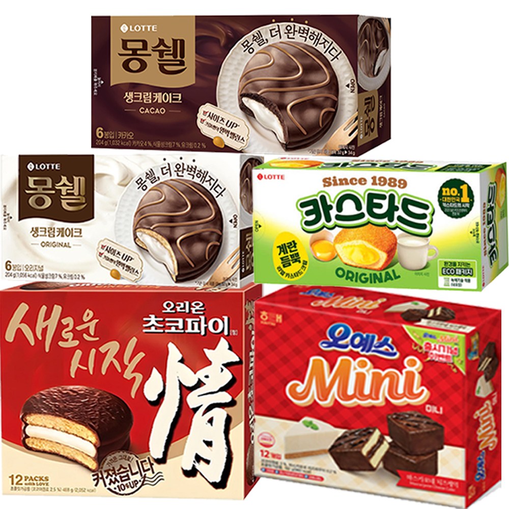 과자몬스터 사무실 과자 세트 5종 오리온 초코파이, 몽쉘 크림, 몽쉘 카카오, 오예스 미니, 롯데 카스타드 24,010원