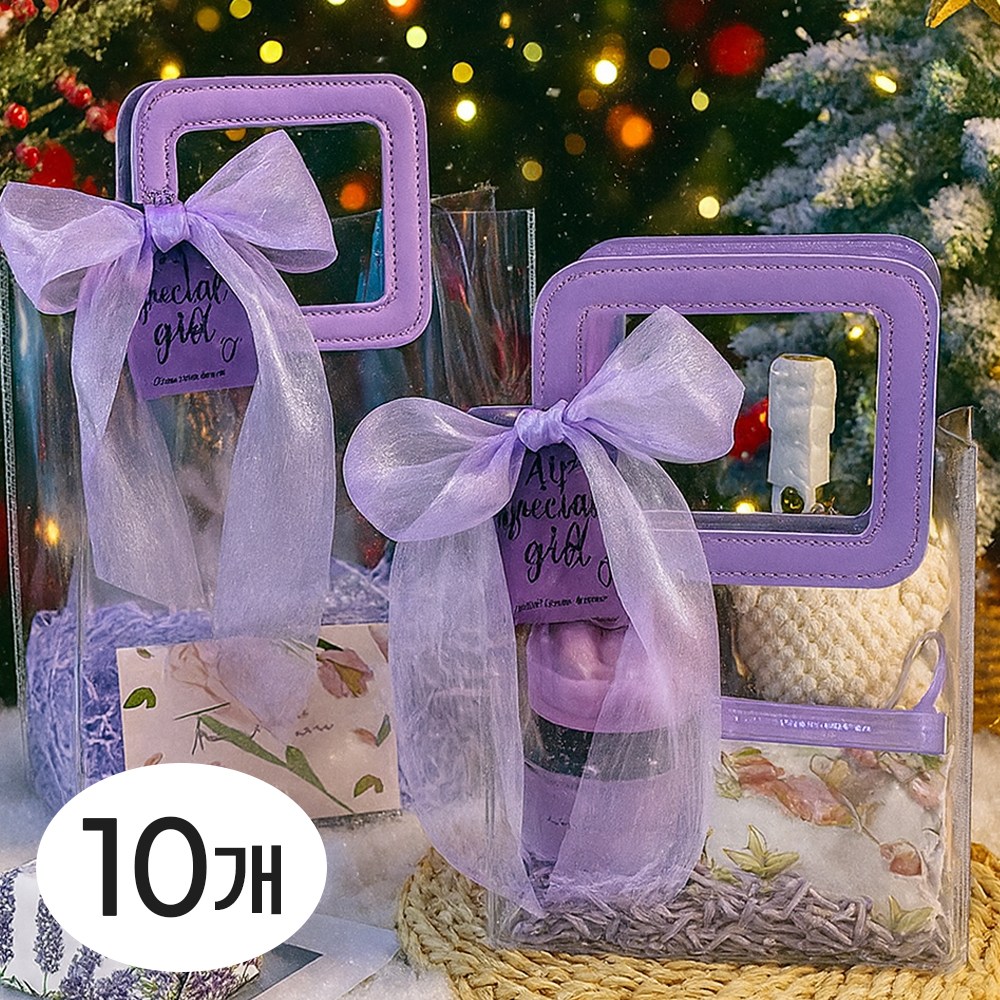 [5시건 당일출고] 퍼플리본 손잡이 투명 선물포장 쇼핑백 가성비좋은 크리스마스 포장백 x10개, 10개, 퍼플리본(대) 23,000원