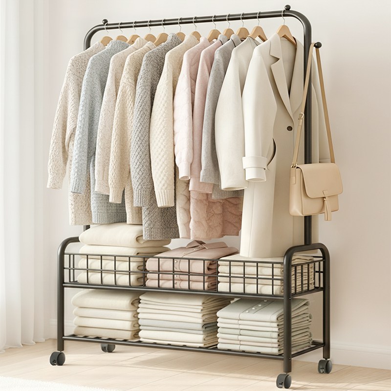 FODOSS 2단 업그레이드 대용량 튼튼한 이동식 가정용 행거 바퀴 달린 이동식행거, 검은색, 현재가 27,000원