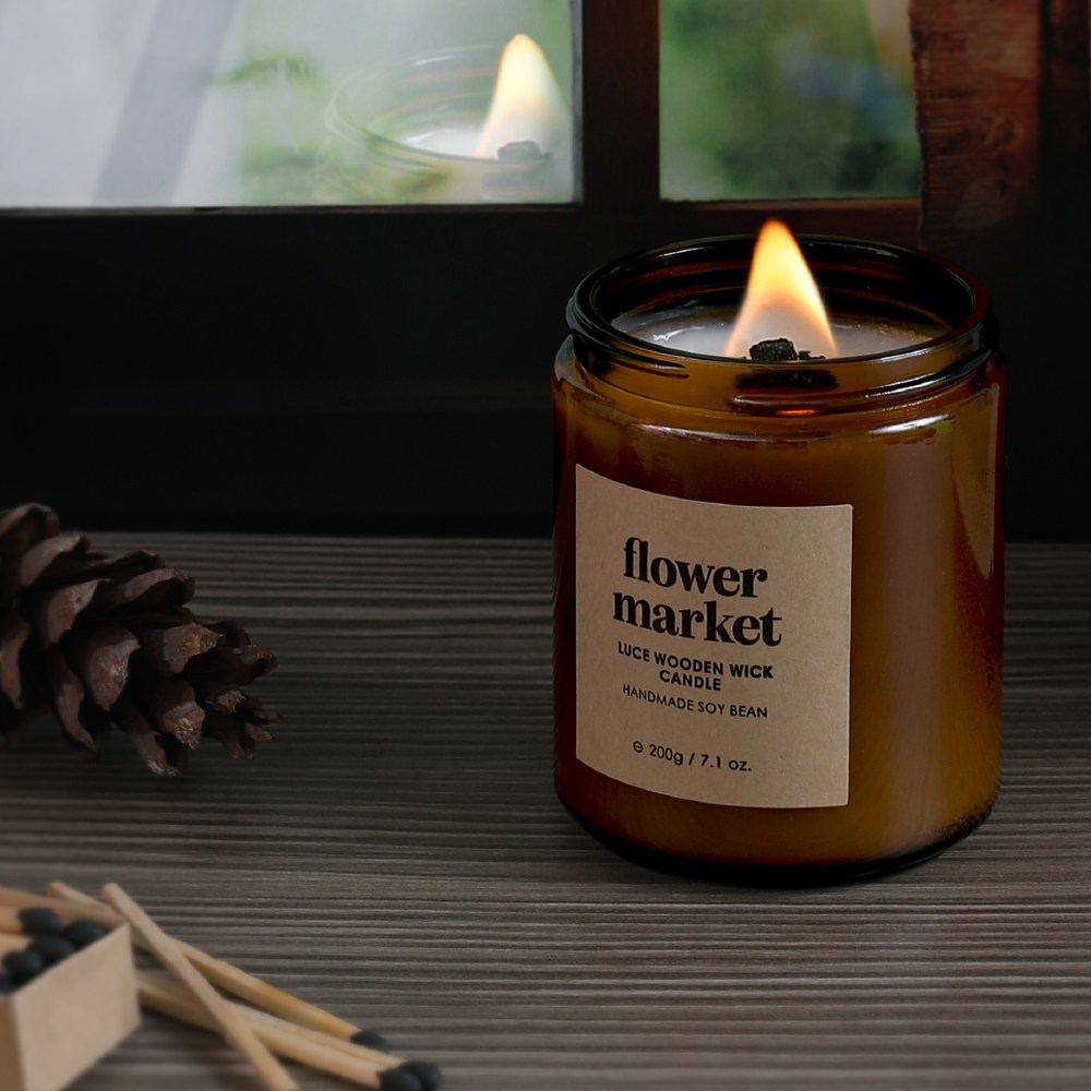 루체 우드심지 소이캔들 200g 선물포장 아로마 향초 불멍 힐링 명품 프리미엄 갈색병 캔들, 이브닝 듀, 1개 20,000원