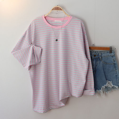 스카이코코 여성 긴팔 티셔츠 배색 라운드 메리 단가라 박스티 21,400원