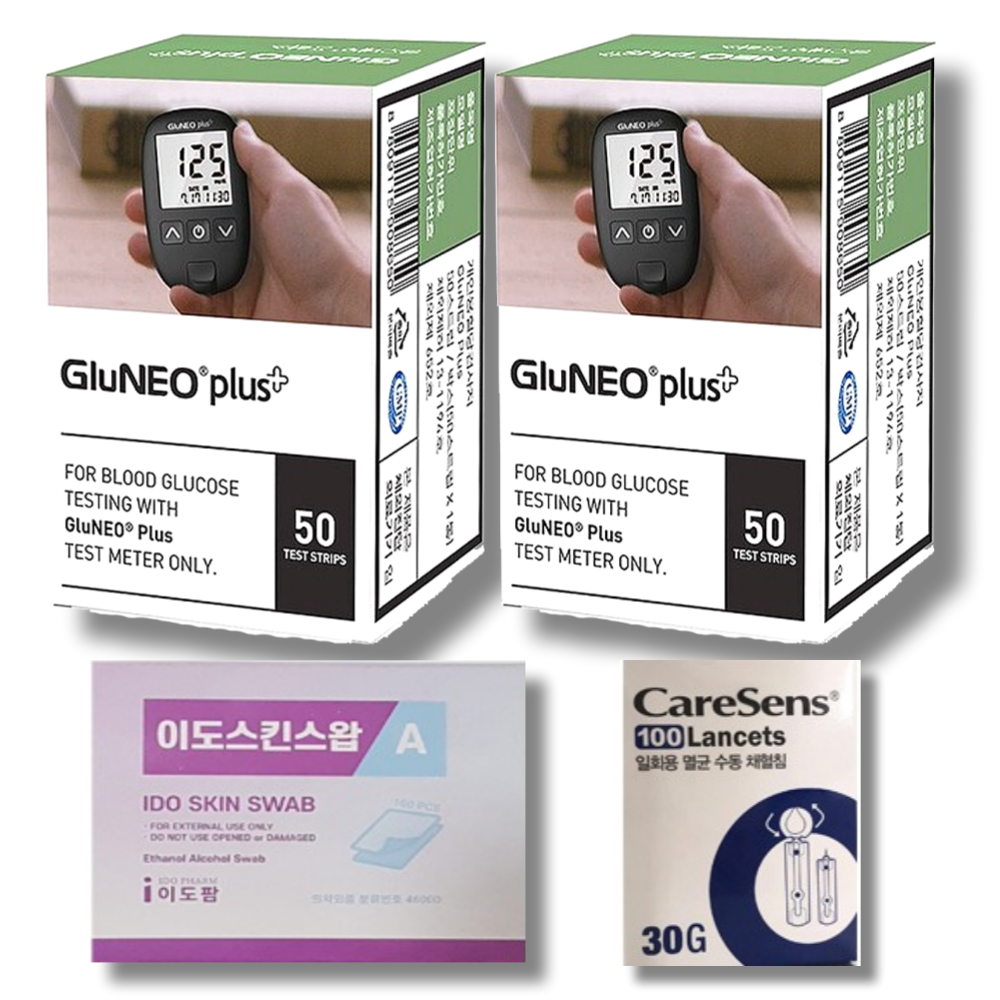 글루네오 플러스 시험지 100매+채혈침 100개 또는 알콜솜100매 혈당 검사지 측정지 체크지 GluNeo 오상헬스케어 24,500원