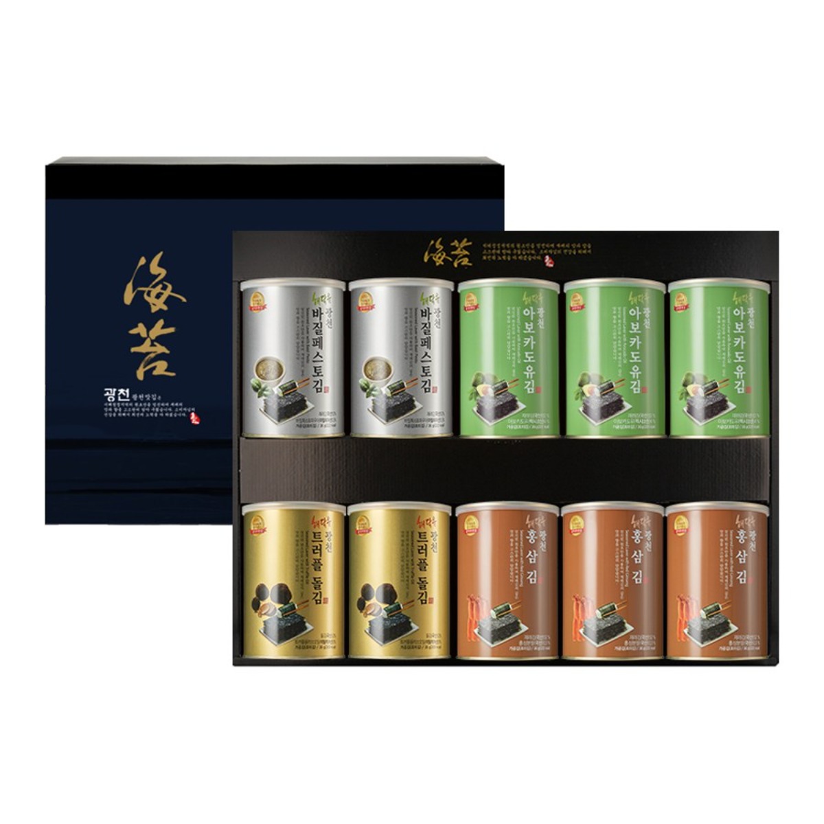 명품 해달음 광천 트러플 돌김 바질페스토 아보카도유 홍삼 재래김 도시락캔김 고급 답례품 쇼핑백포함 10캔 선물세트, 5세트 252,500원