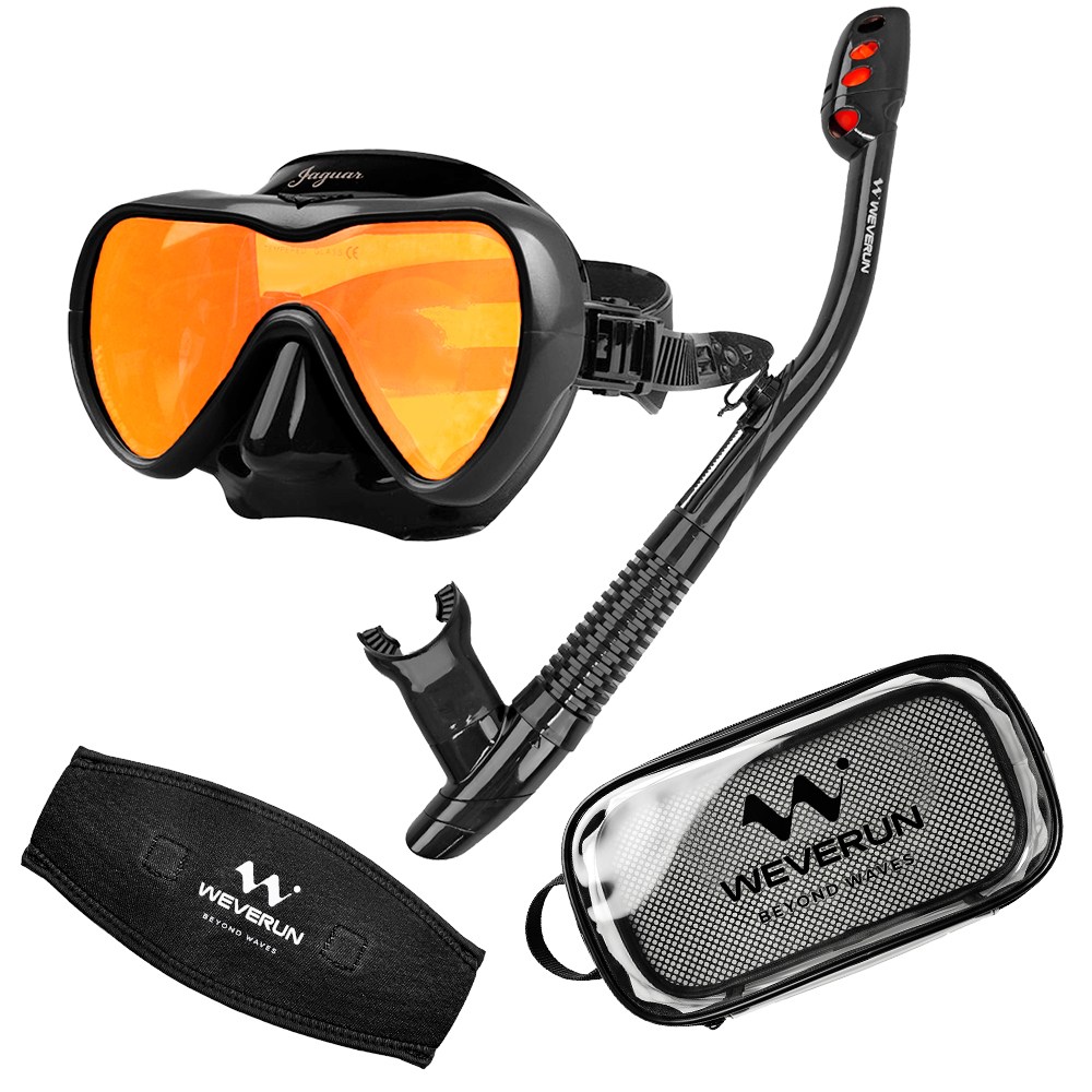 위베런 재규어 스노클링 마스크 세트 미러렌즈 자외선차단 + 머리엉킴방지 스트랩커버 + 투명파우치, UV 블랙 세트 38,900원