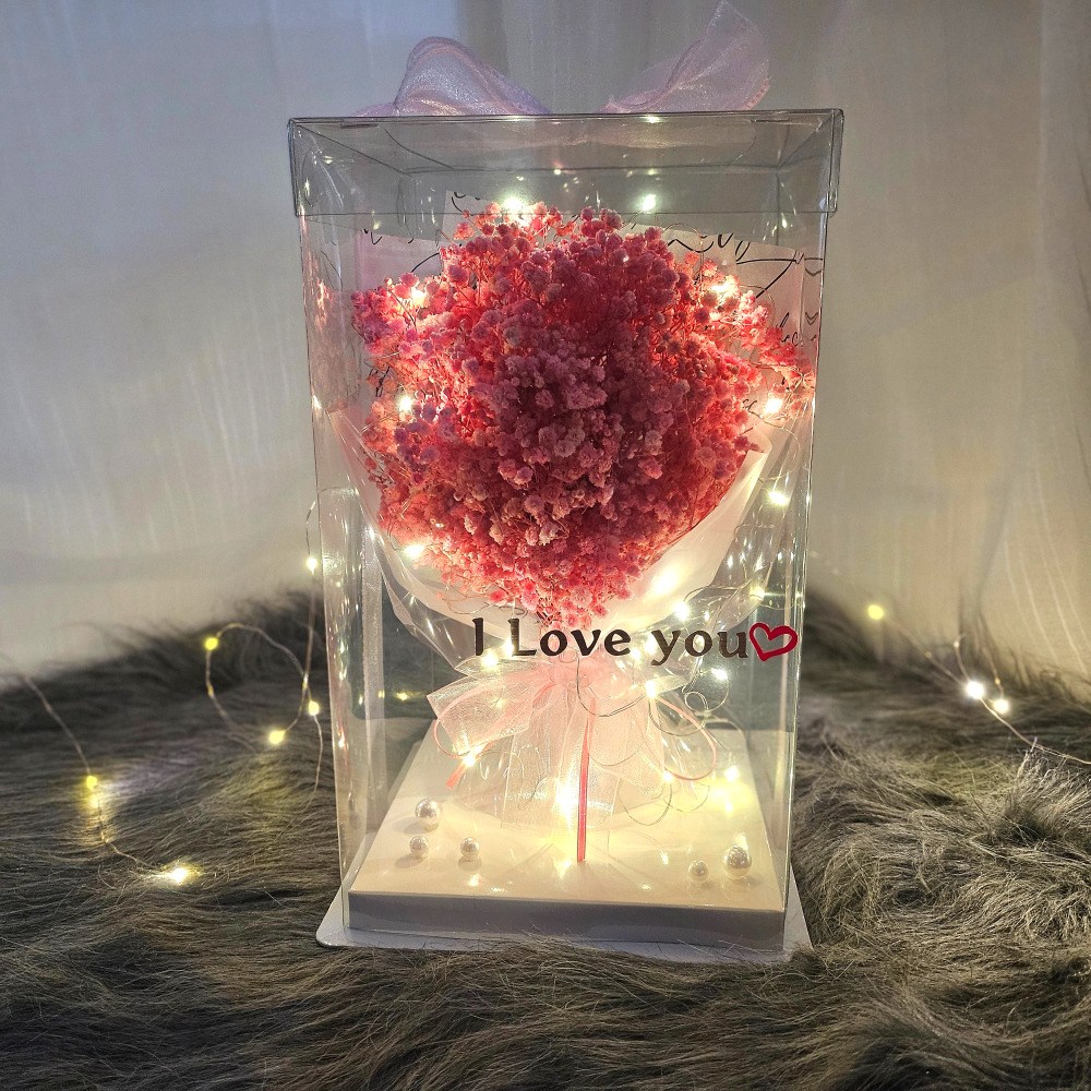[레터링+잎카드+LED무료] 드라이플라워 안개 꽃다발 시들지않는 꽃 여자친구 기념일 선물, 베이비핑크 38,900원