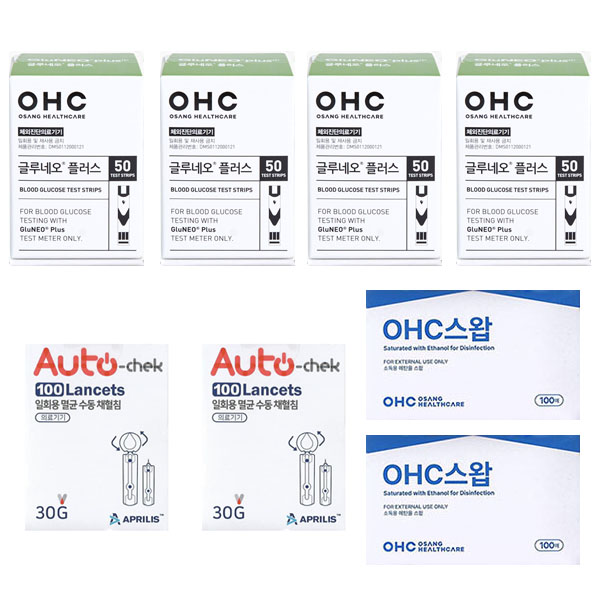오상헬스케어 글루네오 플러스 혈당시험지 당뇨혈당체크지 세트 (혈당시험지 200매 + 채혈침 200개 + 알콜솜 200매) elevee 41,500원