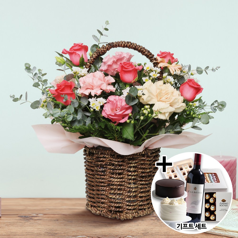 꽃바구니 선물 기념일 GIFT 세트상품 (혼합바구니 a-0279) 케이크 빼빼로 샴페인 초콜릿 사탕 선택 전국당일배송 생일 생신 이벤트 55,800원