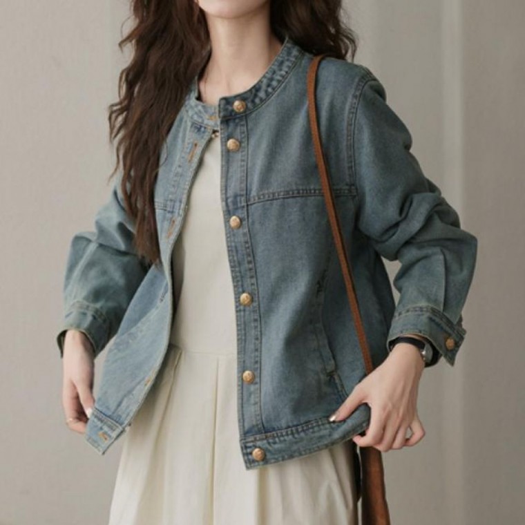 여성 라운드넥 노카라 데님 자켓 HH-E84, 여성스러운청자켓 79,800원