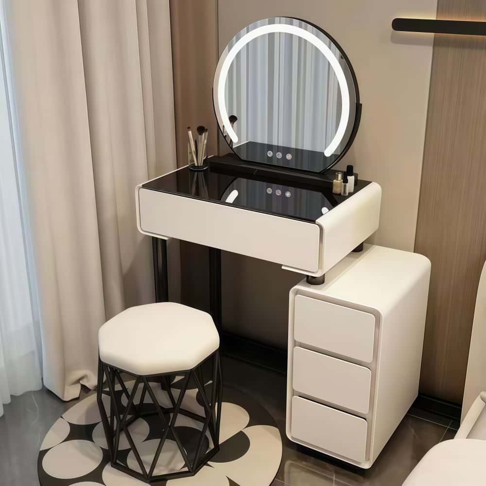 (무료 설치)화장대 세트 의자 포함 미니 화장대 LED화장대 세트 삼색가구 (화장대+수납장+LED거울+화장의자) H5201 (5~9일 도착), 블랙, 현재가 369,000원