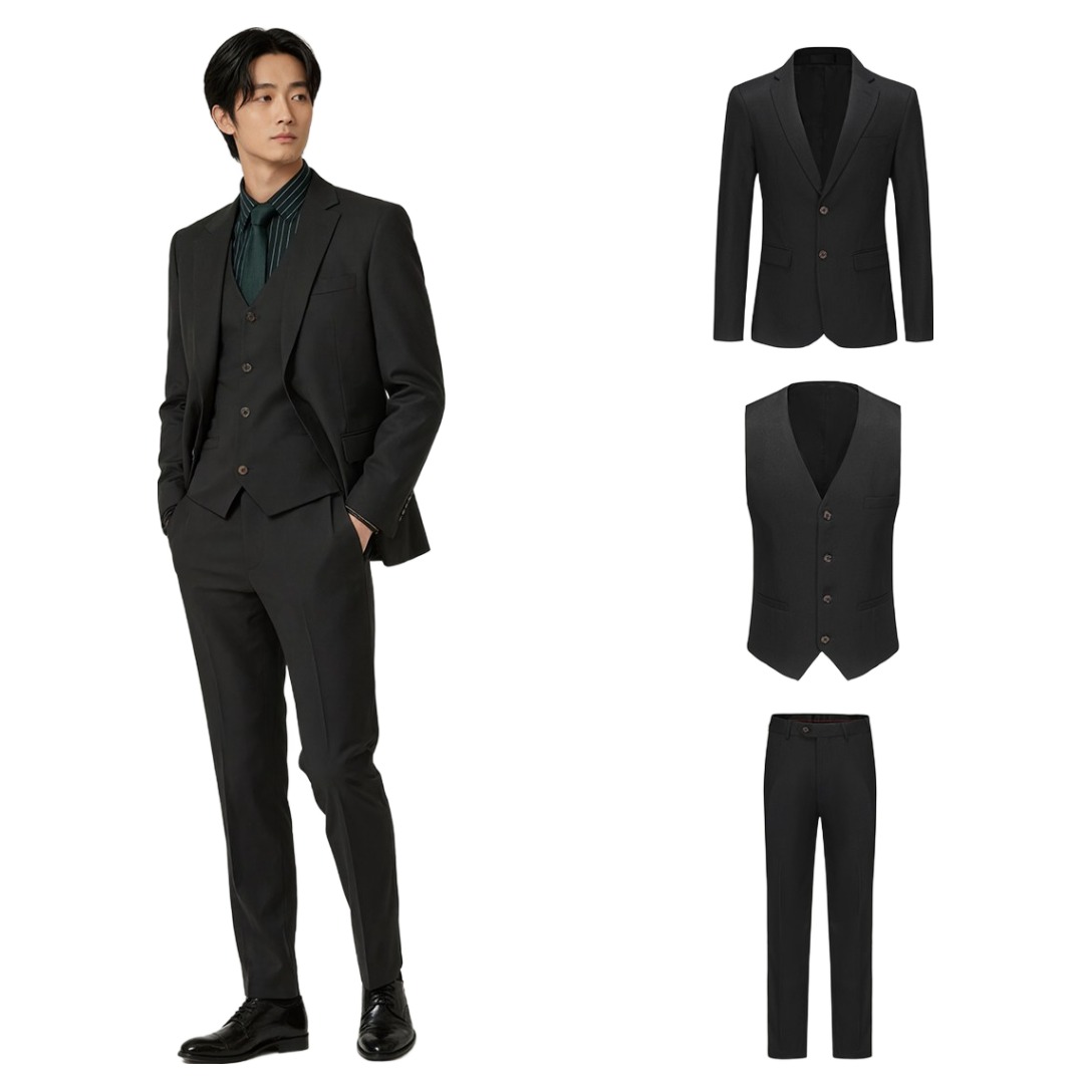 Cloudstyle 투버튼 캐주얼 쓰리피스 남성 정장세트 재킷+조끼+바지 면접 출근룩 남자수트 3피스 결혼식 하객 남성 슈트 (4컬러) 128,900원