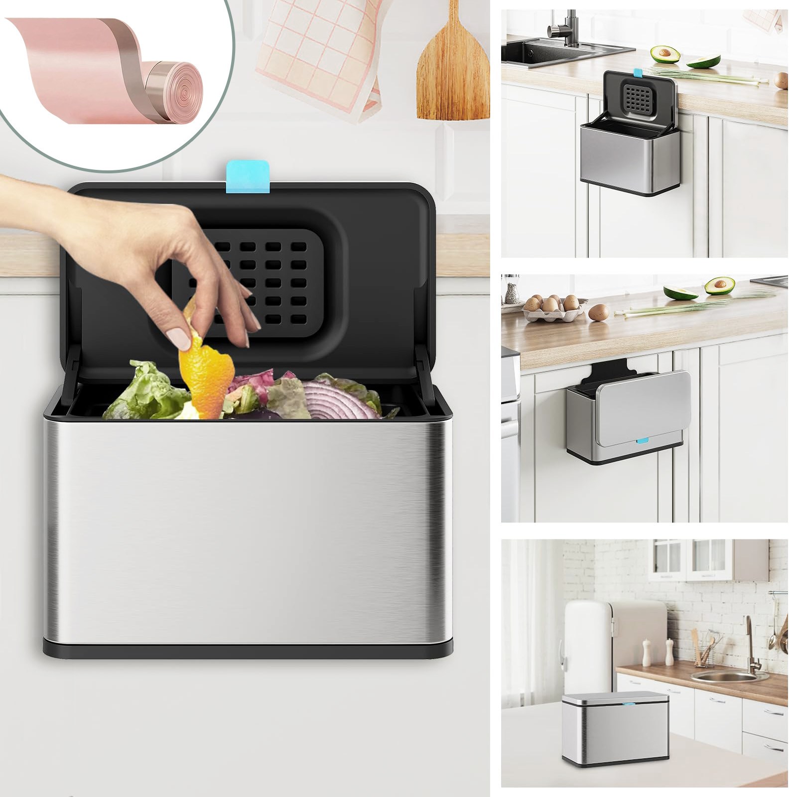 kemei 주방 싱크대 욕실 음식물 쓰레기통 스테인리스 슬라이딩 벽걸이 휴지통 활성탄 냄새차단, 실버 29,980원