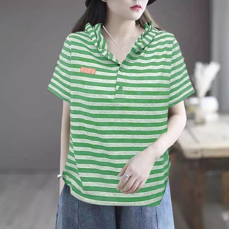 여성 후드 티셔츠 루즈핏 반팔 스트라이프 여름 상의 반팔 기본 셔츠 23,800원